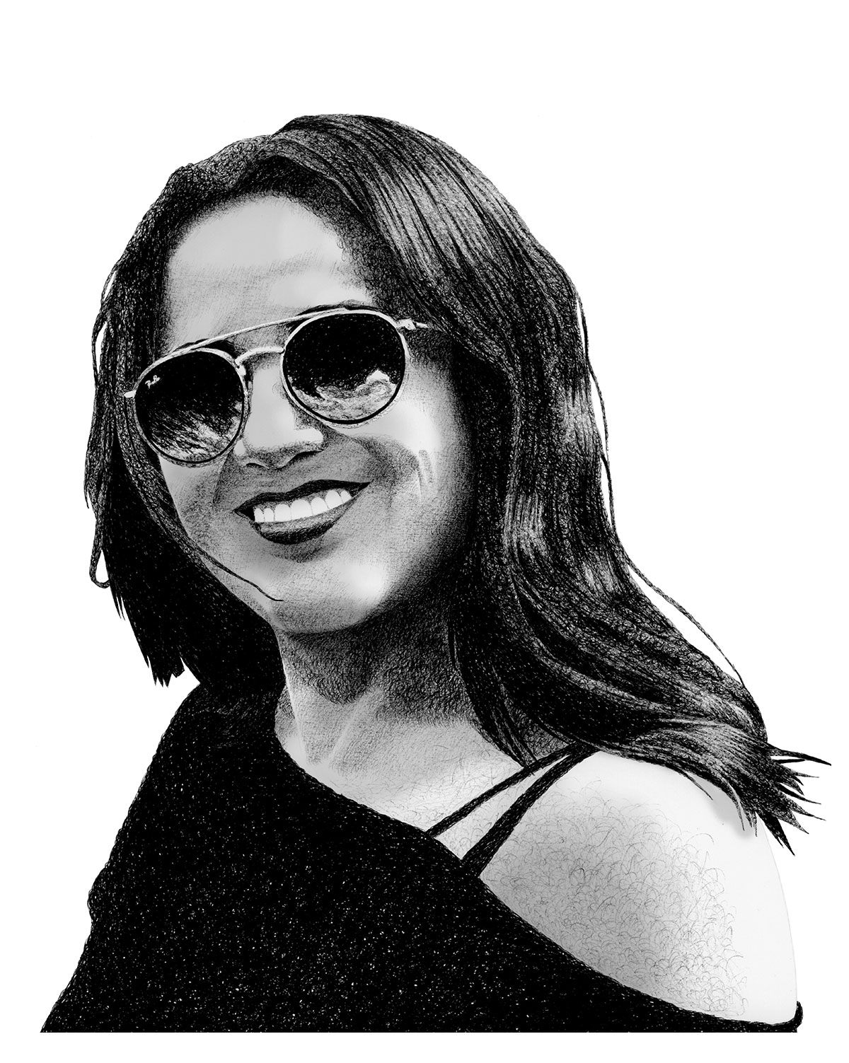 A black and white photo of a woman wearing sunglasses.